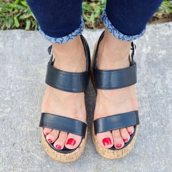 Black Open Toe High Platform Wedge Sandals with Buckle Closure - Picture 2 of 5